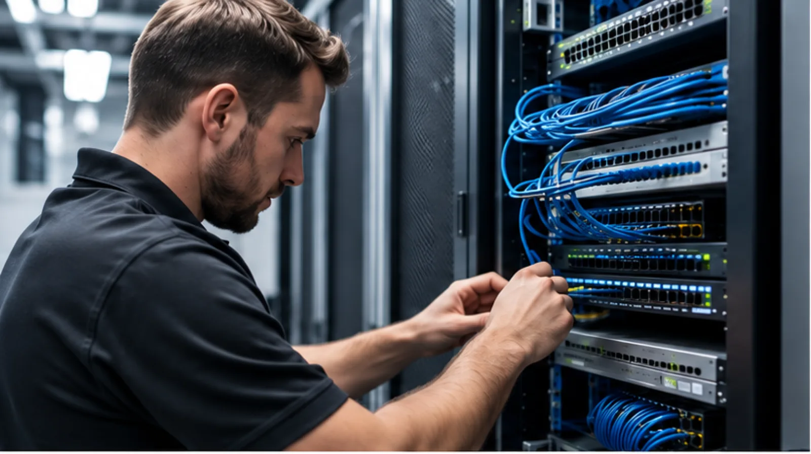 Techniker von Sikora EDV bei der Arbeit an einem Netzwerkschrank